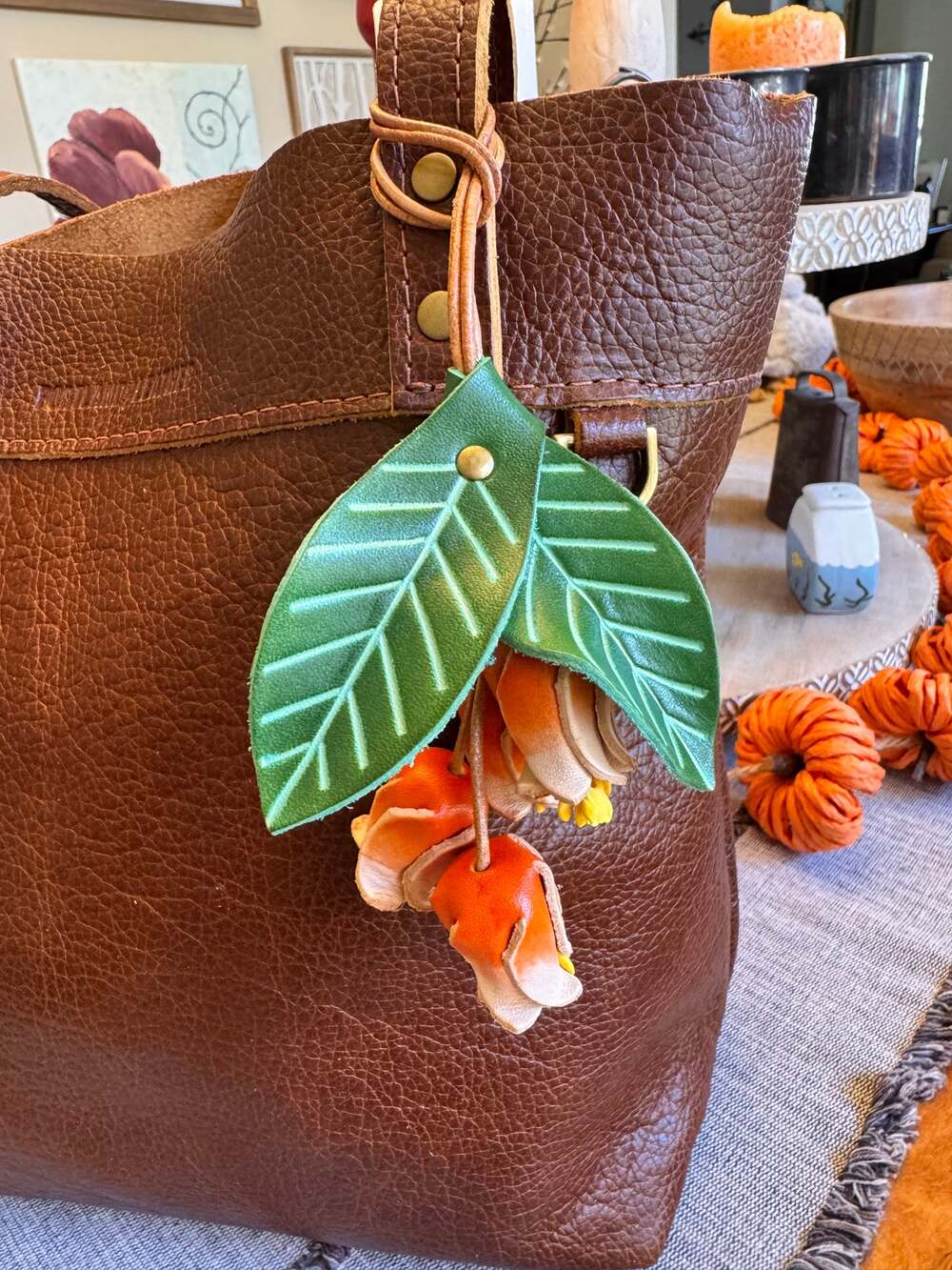 Genuine Leather Green Leaf Orange Flower Purse Charm Leather Bag Charm